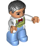 Duplo Figure with Parted Wavy Hair Black, with White Shirt and Green Stripe Apron - Medium Blue Legs - Vendor/Waiter, Square Eyes / White