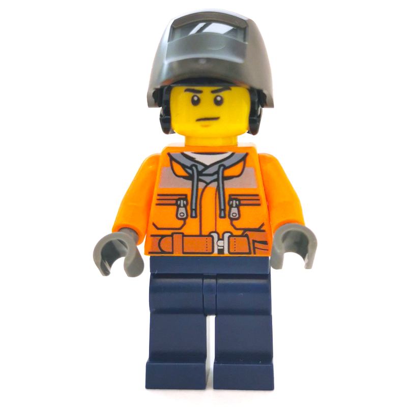 Lego Construction Worker, Orange Jacket with Zipper and Reflective Stripes, Dark Blue Legs, Welding Mask
