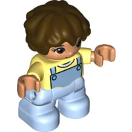 Duplo Figure Child with Short Wavy Hair Brown, Bright Light Blue Legs / Bright Light Yellow