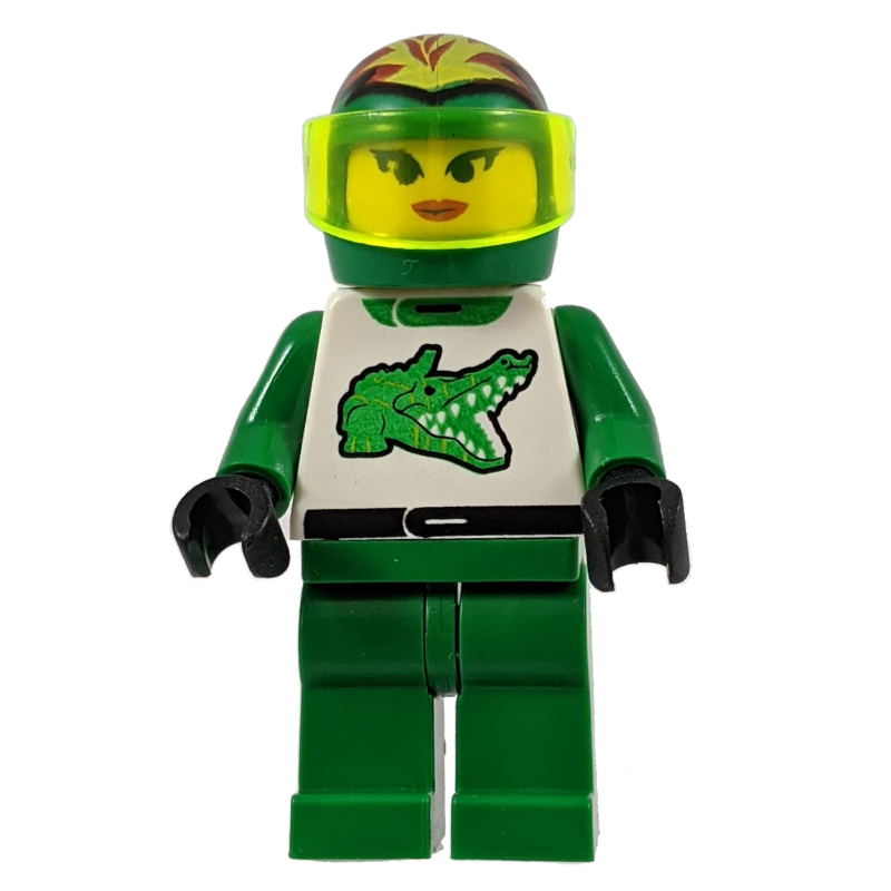 Lego Racer, Woman, Green and White Outfit with Crocodile, Green Helmet with Flames and Visor