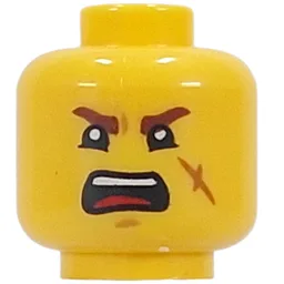 Minifig Head Jin, Dark Red Eyebrows, Scar, Open Mouth Smile / Scream