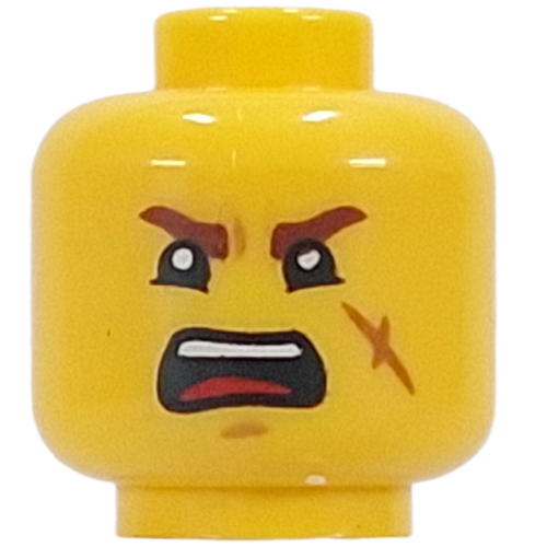 Lego Minifig Head Jin, Dark Red Eyebrows, Scar, Open Mouth Smile / Scream / Yellow