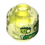 Lego Minifig Head Ghost Dwayne, Yellowish Green Face, Bushy Eyebrows, Angry, Flames in Back / Trans-Neon Green