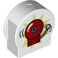 Lego Duplo Brick 1 x 3 x 2 Round Top, Cut Away Sides with Ringing Fire Alarm Bell, Bright Light Yellow Background Print / White