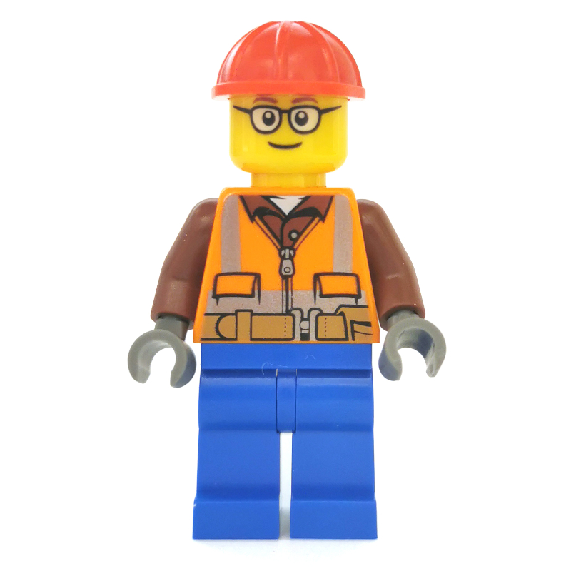 Lego Construction Worker, Orange Safety Vest with Zipper over Reddish Brown Shirt, Blue Legs, Red Hard Hat, Glasses