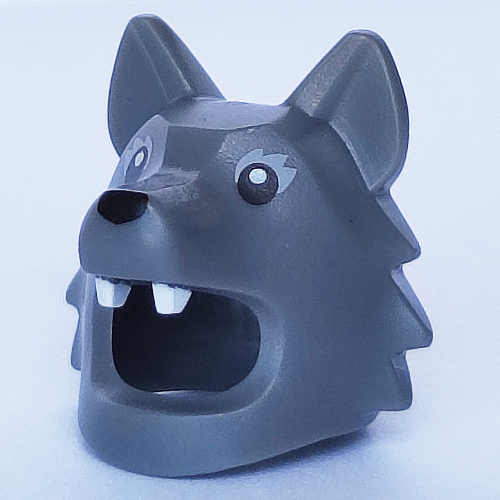 Lego Costume / Mask, Wolf with White Fangs, Black Eyes, Light Bluish Grey Eyeshadow print / Dark Bluish Gray