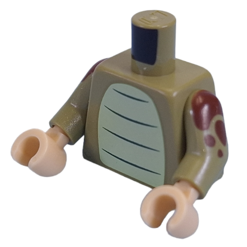 Lego Torso, Yellowish Green Belly with Dark Green Strips, Reddish Brown Spots on Arms, Back print, Olive Green Arms, Tan Hands / Olive Green