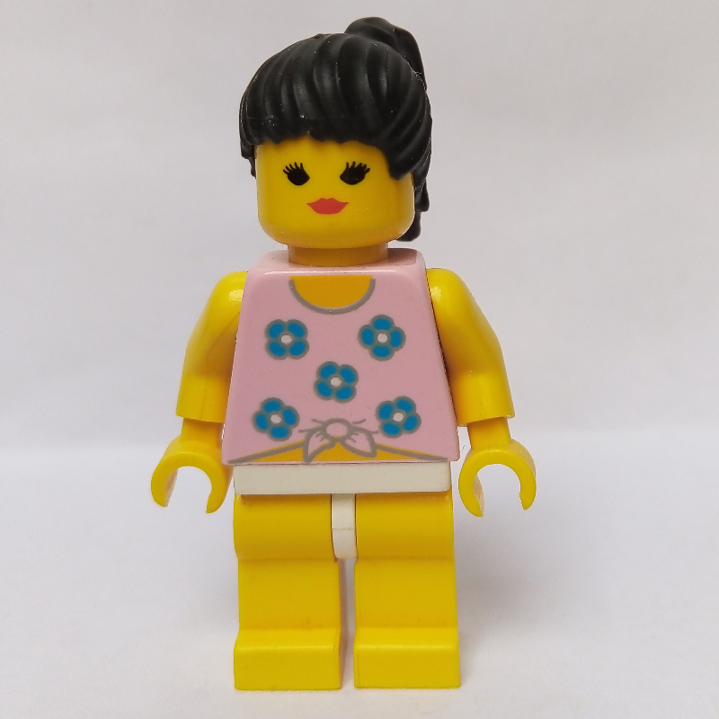 Lego Woman, Tied Pink Tank Top with Flowers, Yellow Legs, Black Hair