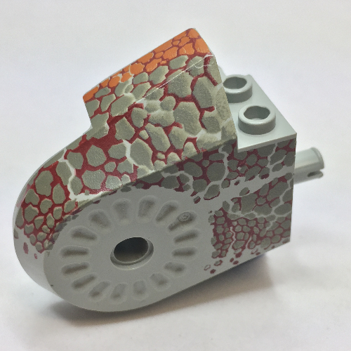 Lego Animal Body Part, Dinosaur Body Quarter with Pin Holes, Dark Gray Scales on Dark Red and Gray Print / Light Gray