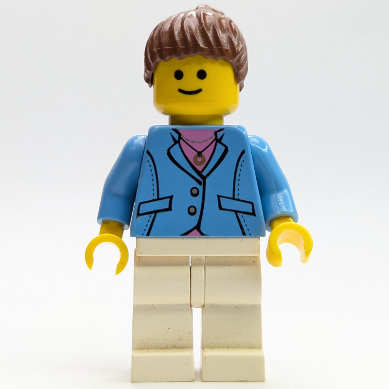 Lego Medium Blue Torso, White Legs, Reddish Brown Hair