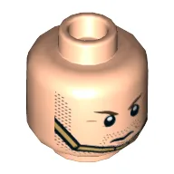 Minifig Head Hawkman, Dual Sided, Brown Eyebrows, Stubble Beard, Gold Chin Strap, Serious / Clenched Teeth Print [Hollow Stud] / Light Nougat