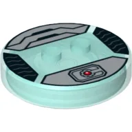 Function Brick Round 4 x 4 x 2/3 with 2 Studs and Silver Cyborg Symbol Print / Trans-Light Blue
