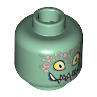 Lego Minifig Head Slizer, Yellow Eyes, Pointed Teeth and Bubbles Print [Blocked Open Stud] / Sand Green