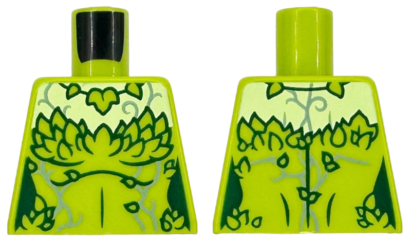 Lego Torso Female Strapless Top, Yellowish Green Neck, Dark Green Ivy Leaves and Sand Green Vines Pattern