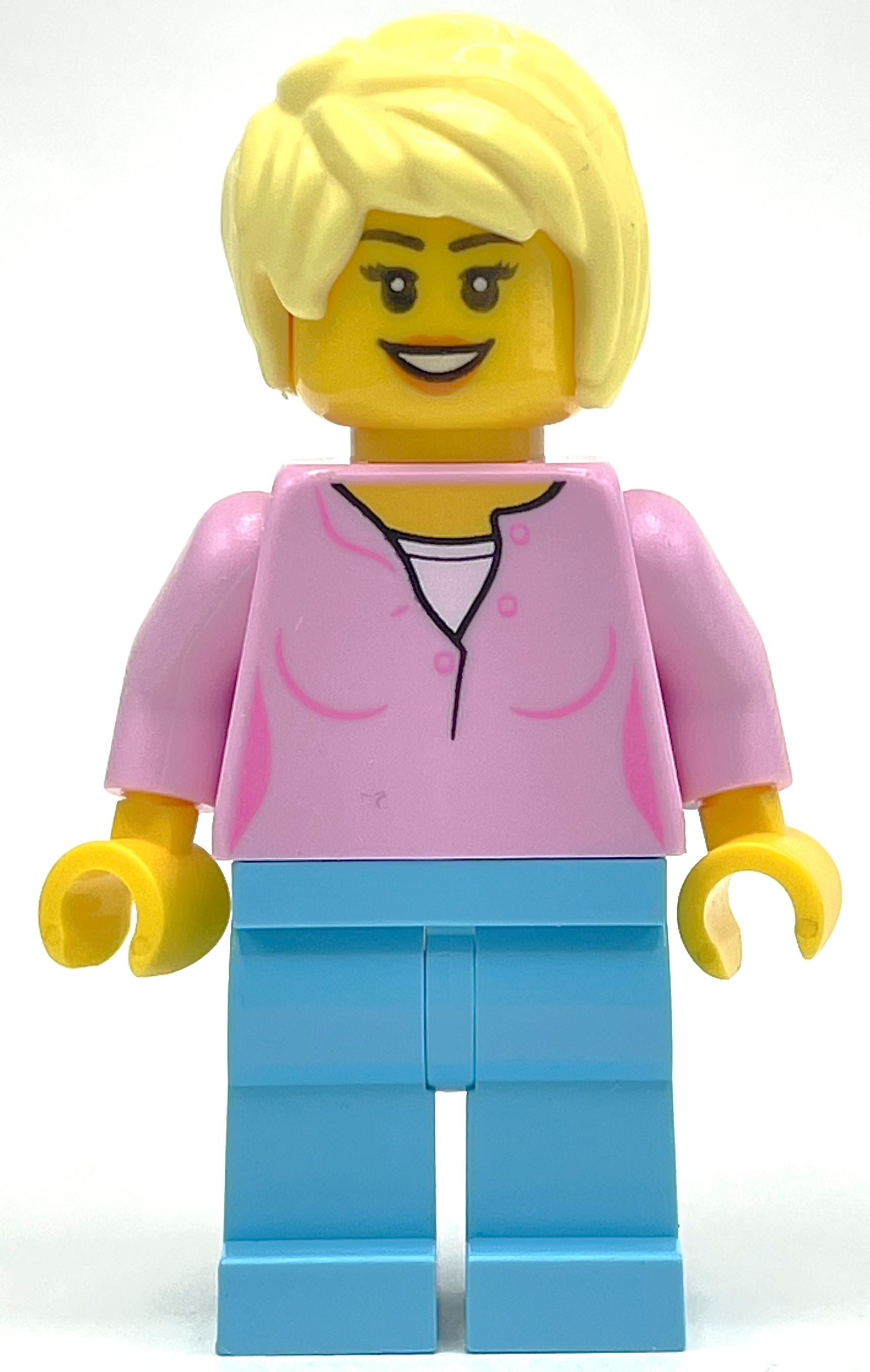 Lego Woman, Bright Pink Top, Medium Azure Legs, Bright Light Yellow Hair