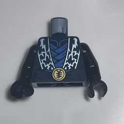 Torso, Ninja Robe, Metal Gold Lightning Bolts, Blue Tunic, Sash, Gold Belt Buckle Print, Black Arms and Hands / Dark Blue