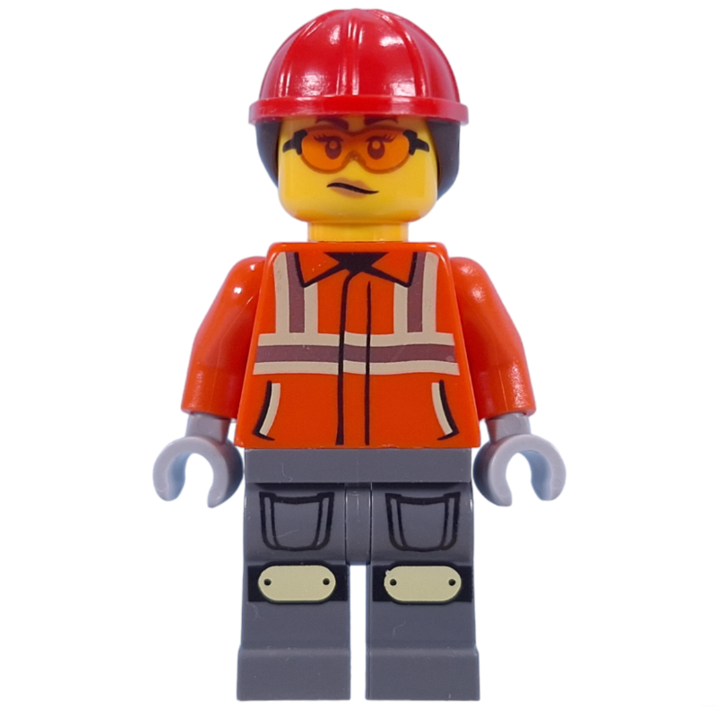 Lego Construction Worker, Reddish Orange Jacket, Red Hard Hat with Ponytail