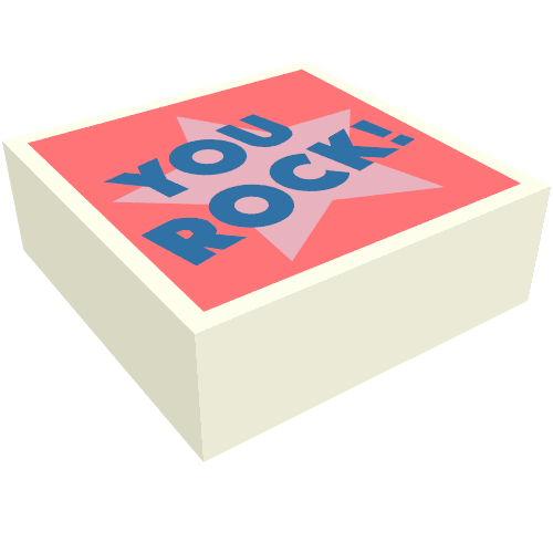 Lego Tile 1 x 1 with Blue 'YOU ROCK', Bright Pink Star, Coral Background print / White