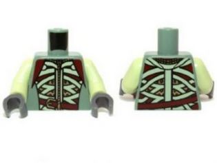 Lego Torso LotR Armor with Light Green and Dark Red Straps and Belt Pattern / Yellowish Green Arms / Dark Bluish Gray Hands