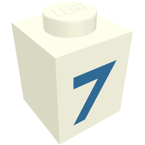 Lego Brick 1 x 1 with Blue '7' Print (Bold Font) / White