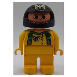 Duplo Figure, Early, Helmet Black, Yellow Legs, Green Suspenders and Black Bear Head Print / Yellow