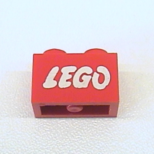 Lego Brick 1 x 2 with LEGO Logo Open O White with no Outline Print / Red