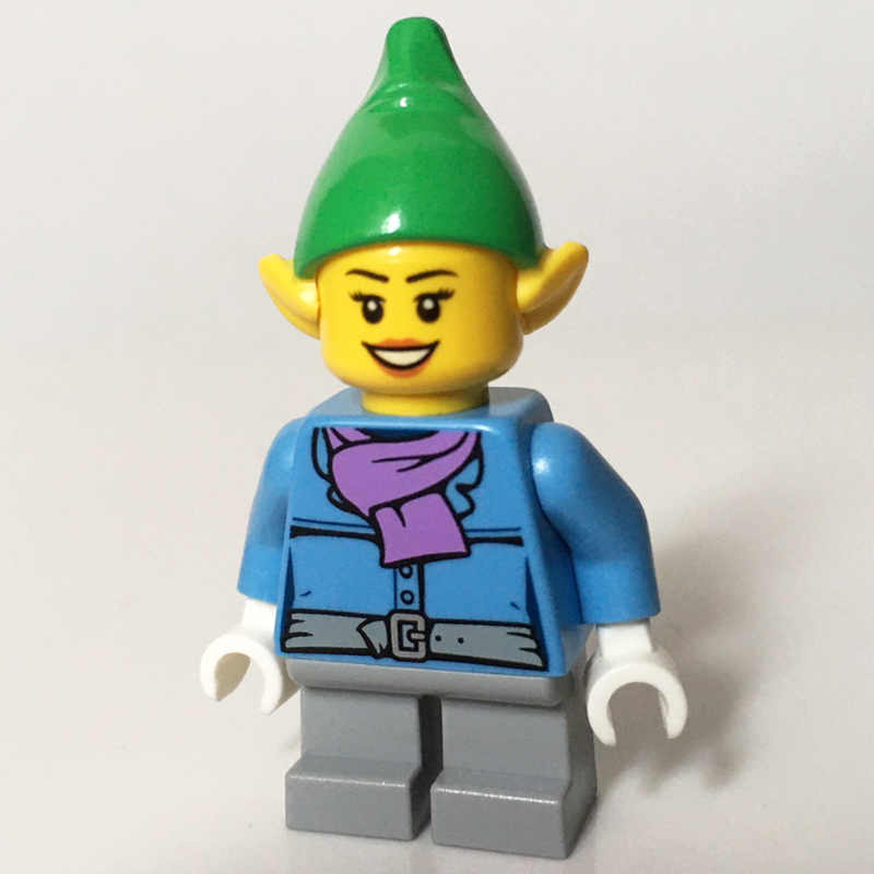 Lego Elf, Medium Blue Jacket with Medium Lavender Scarf, Bright Green Hat