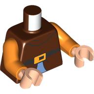 Lego Torso, Black Belt, Bright Light Orange Belt Buckle, Medium Azure Shirt print, Orange Arms, Light Nougat Hands / Reddish Brown