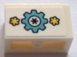 Lego Panel 1 x 2 x 1 White with Rounded Corners and 2 Sides with Metallic Light Blue Gear and Bright Light Yellow Flowers Pattern (Sticker) - Set 41329