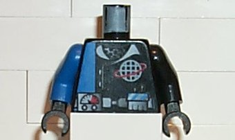 Lego Torso Jacket with Blue Panel, White Collar and Alpha Team Wire Frame Globe Logo, Utility Belt with Gauge Pattern / Black Arm Left / Blue Arm Right / Black Hands