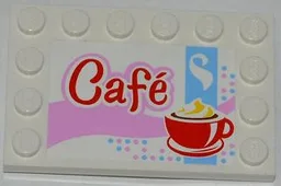 Tile, Modified 4 x 6 with Studs on Edges with 'Café' (Cafe) and Red Cup and Saucer Pattern (Sticker) - Set 3061