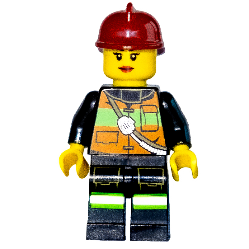Lego Firewoman, Orange Safety Vest with Radio, Dark Red Helmet