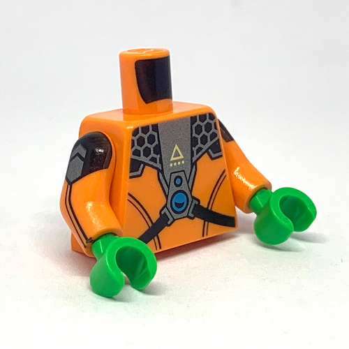 Lego Torso Space Suit with Pearl Titanium Panel with Dark Azure Circles and Black Straps / Dark Azure Canisters Print, Orange Arms, Bright Green Hands / Orange