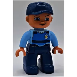 Duplo Figure with Cap Dark Blue, with Dark Blue Legs, Life Jacket and Police Badge Print / Bright Light Blue