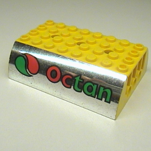 Lego Brick Curved 8 x 6 x 2 Double with Chrome Silver Sides and 'Octan' Print / Yellow