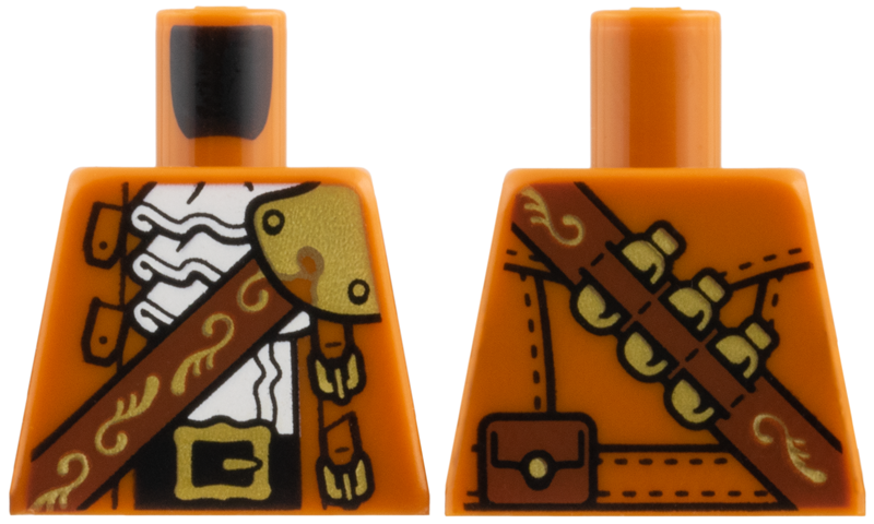 Lego Torso Coat Open, White Ruffled Shirt, Reddish Brown Strap, Gold Filigree, Armor, Black Belt with Buckle Pattern