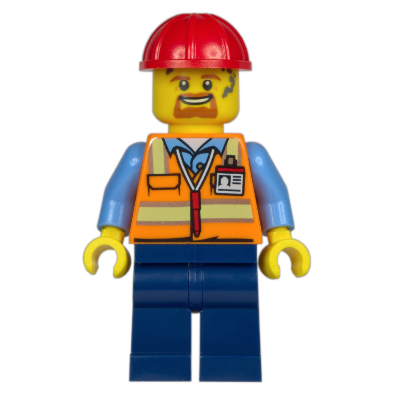 Lego Construction Worker, Orange Safety Vest, Dark Blue Legs, Red Hard Hat, Goatee