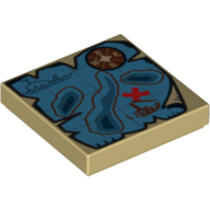 Lego Tile 2 x 2 with Nautical Map and Red 'X' Print / Tan