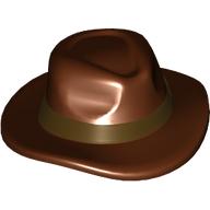 Lego Hair and Hat, Fedora, Wide Brim, Dark Brown Hair and Belt Pattern / Reddish Brown