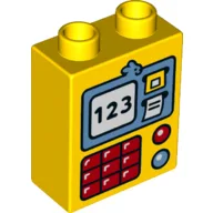 Duplo Brick 1 x 2 x 2 with ATM Screen with '123', Keypad & Lights Print / Yellow