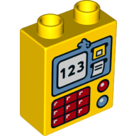 Lego Duplo Brick 1 x 2 x 2 with Bottom Tube with ATM Screen with '123', Keypad & Lights Print / Yellow