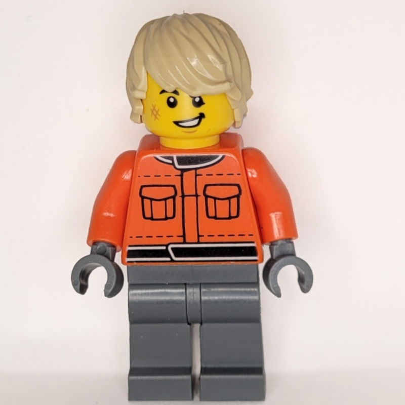 Lego Pit Crew, Reddish Orange Torso, Dark Bluish Grey Legs, Tan Hair