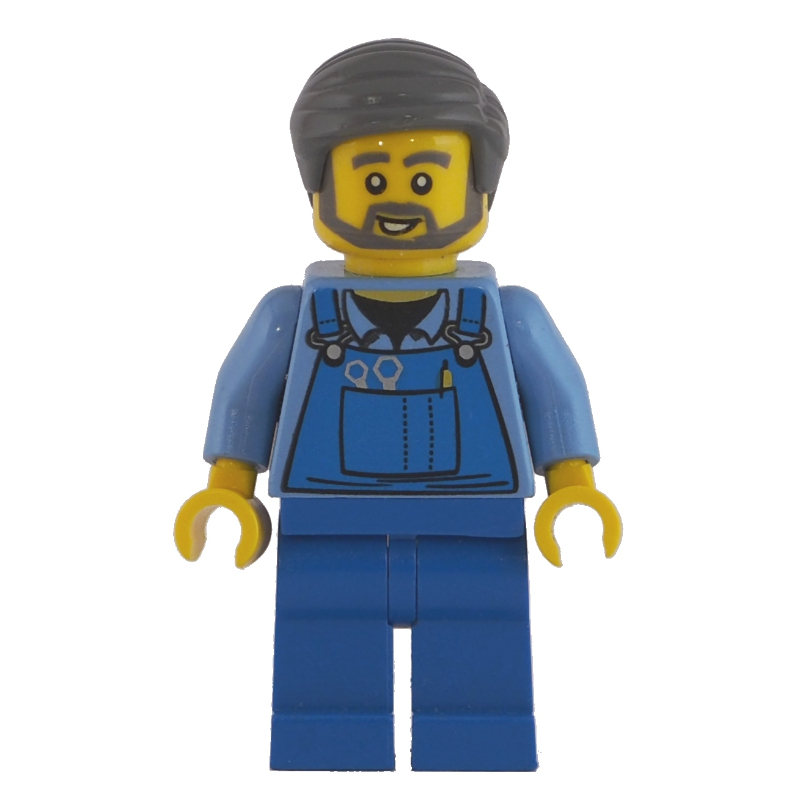 Lego Man, Blue Overalls over Shirt, Blue Legs, Dark Bluish Gray Hair, Beard