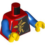 Lego Torso, Knight Armor, Red/Blue Panel, Gold Dragon print, Blue Arms, Yellow Hands / Red