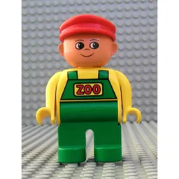 Duplo Figure, Early, with Flat Cap Red, Green Legs, Green Overalls with Red 'ZOO' Print / Yellow