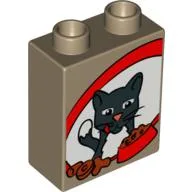 Duplo Brick 1 x 2 x 2 with Cat, Biscuits and Food Bowl Print / Dark Tan