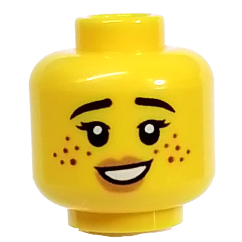 Lego Minifig Head Potter, Freckles, Pink Lips, Nervous with Clenched Teeth / Happy with Open Teeth print / Yellow