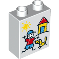 Lego Duplo Brick 1 x 2 x 2 with Bottom Tube - Sun, House, Boy and Dog Print / White