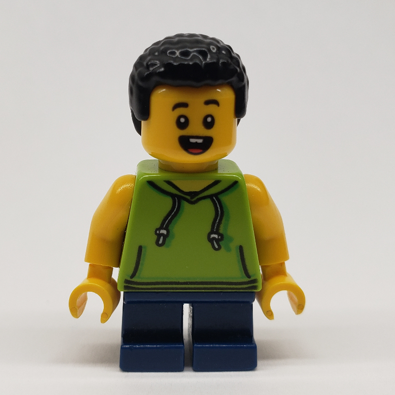 Lego Boy, Lime Hoodie, Short Dark Blue Legs