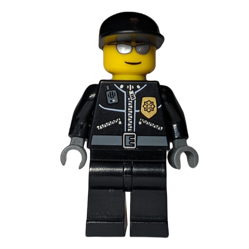Lego Policeman, Black Jacket with Pocket and Badge, Black Cap, Silver Sunglasses Print